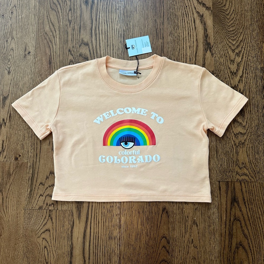 NWT Chiara Ferragni Cropped Tee T-Shirt Rainbow Evil Eye size Small